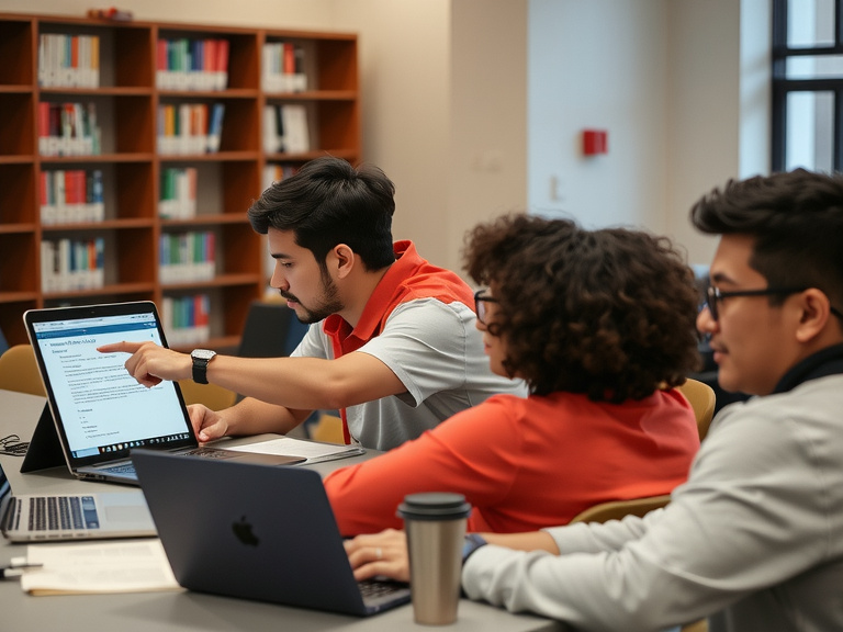 Students using laptops to check their papers for plagiarism
