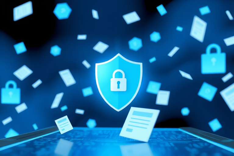 Data security illustration showing a shield protecting digital information